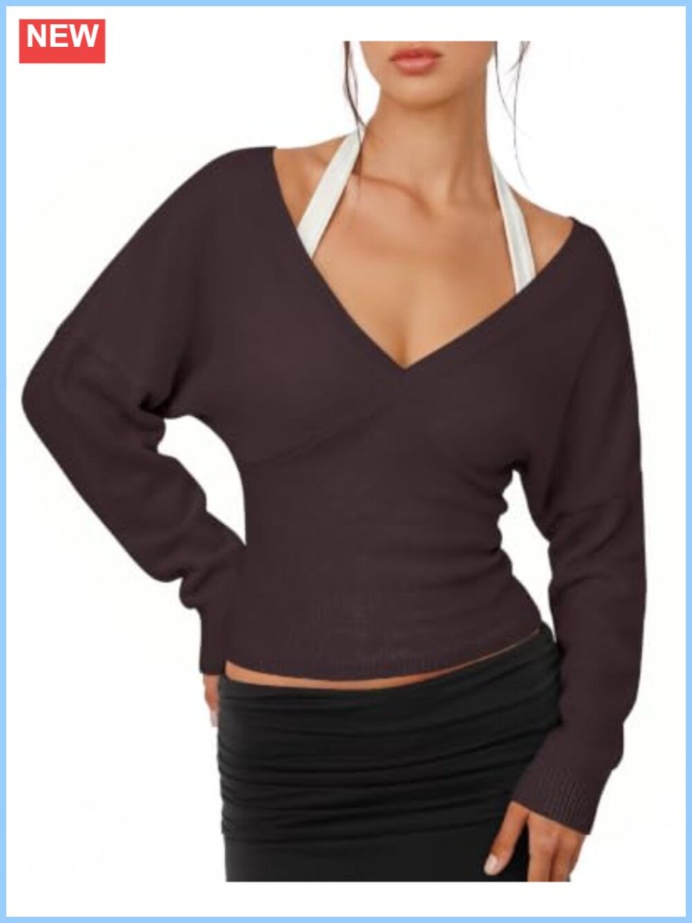 LASLULU Women's Deep V Neck Wrap Pullover Sweater Long Sleeve Crop Top